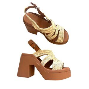 Clergerie Paris Sz 38.5 Natsu Platform Woven Raffia Block Heel Slingback Sandals